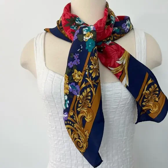 Silk Scarf Floral and Musical Instrument Print Navy Border